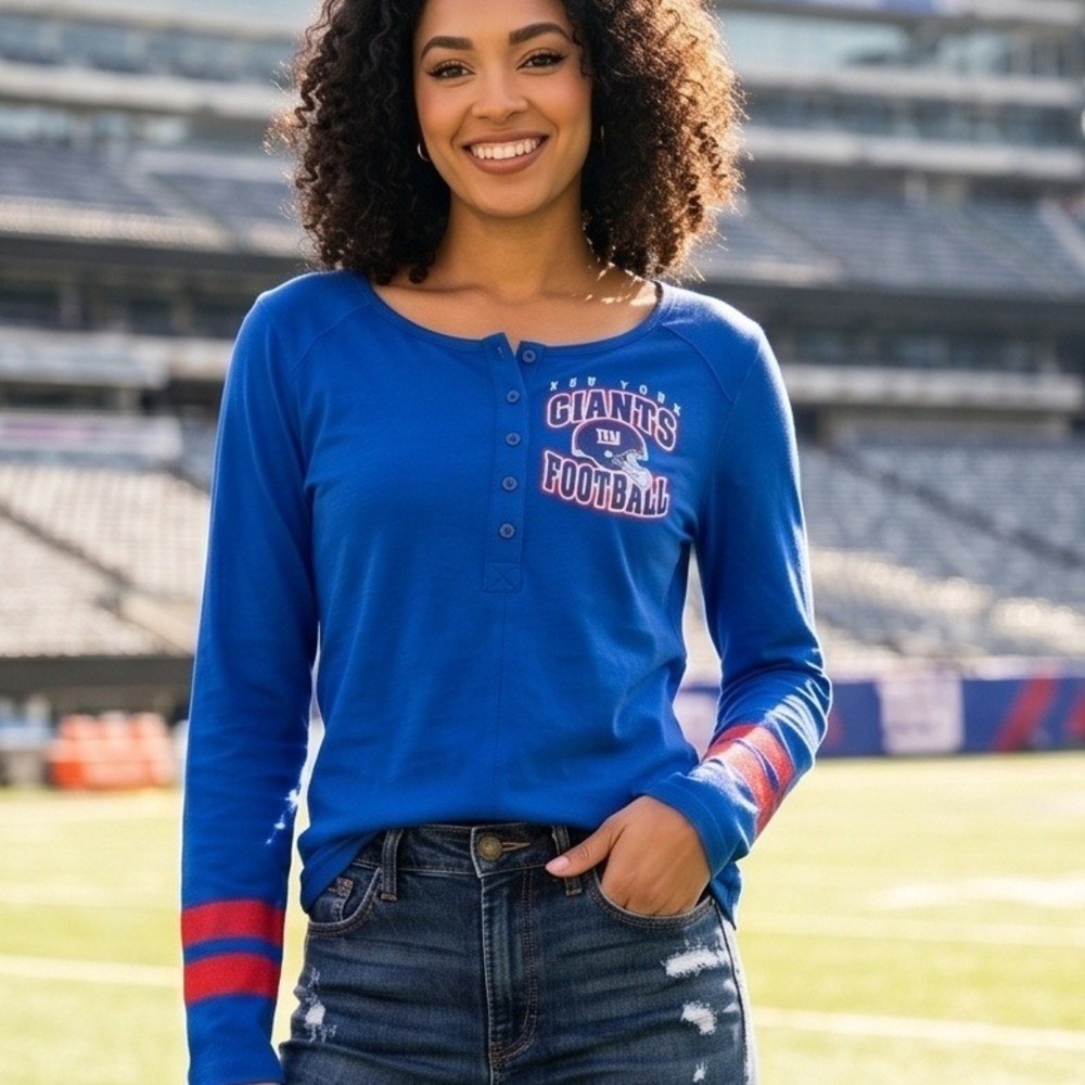 NFL Team Apparel L‎ New York Giants Football Henley Top Blue Womens NWT